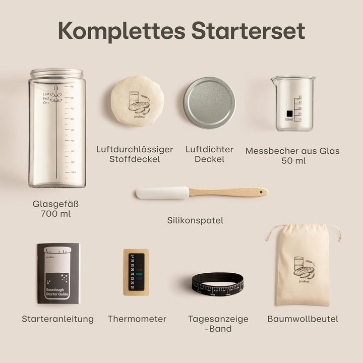 Praknu Sauerteig Starter Set aus Glas (1000ml) Komplett-Set mit Anleitung für Einsteiger & Zuhause b