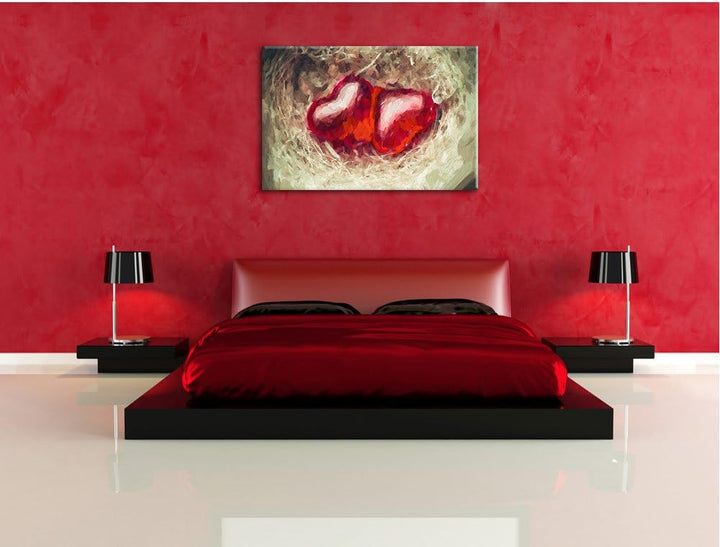 zwei Herzen Pinsel Effekt, Format: 100x70 auf Leinwand, XXL riesige Bilder fertig gerahmt mit Keilra