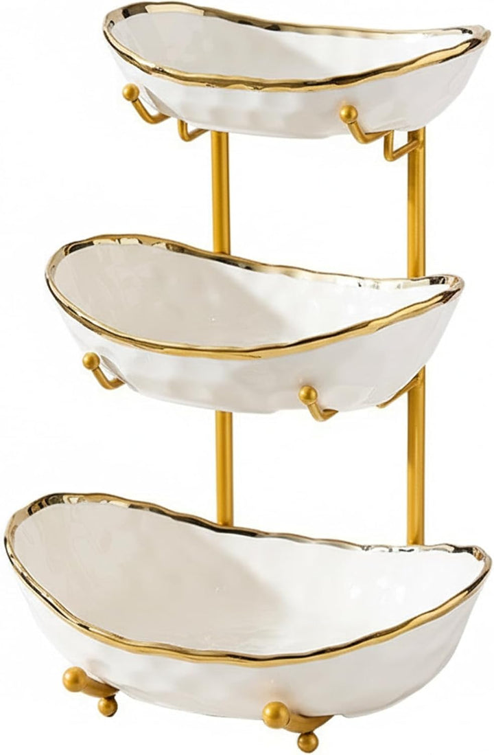 Simcat 3-Schicht Obstschale Keramik mit Metallgestell - Etagere Dekoschale für Küche/Wohnzimmer, Ser
