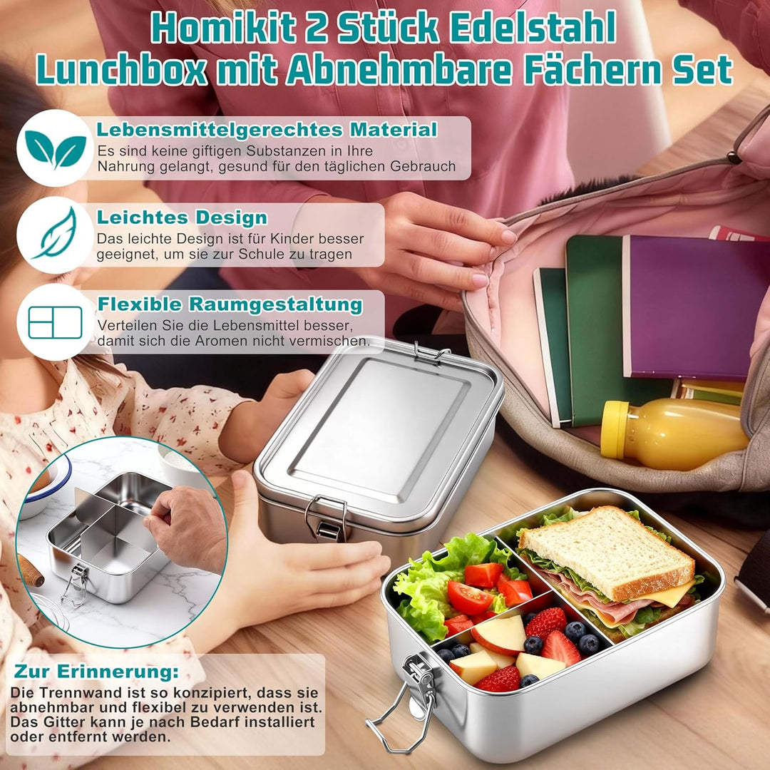 Homikit Brotdose mit Fächern 2er Set, 1400ml Edelstahl Lunchbox Bento Box Erwachsene, Auslaufsicher