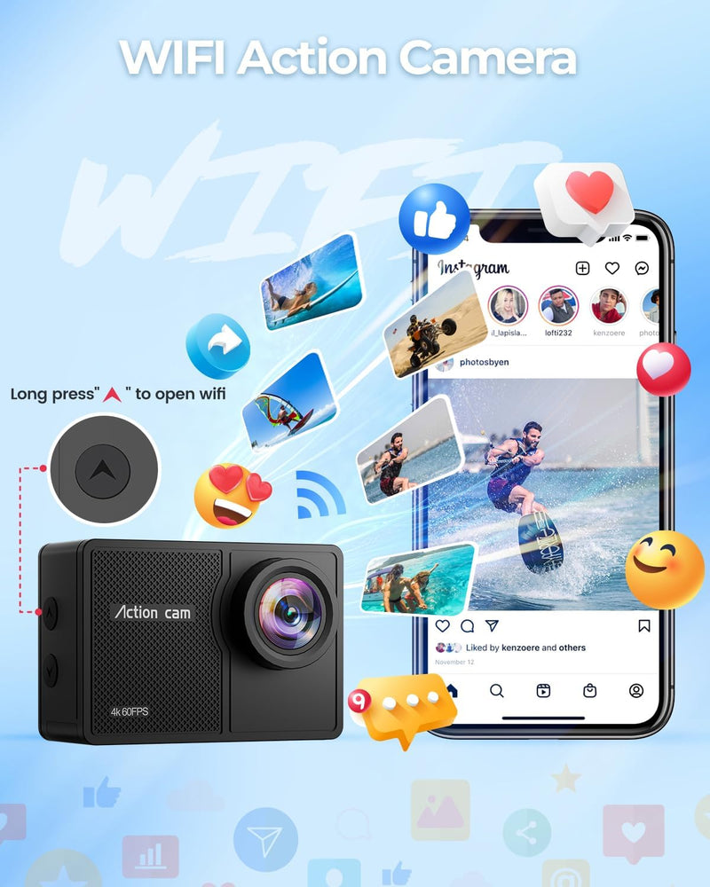 TIMNUT 4K 60FPS Action Cam, Unterwasserkamera mit 64G SD Karte 48MP HD WiFi Kamera mit EIS 40M Wasse