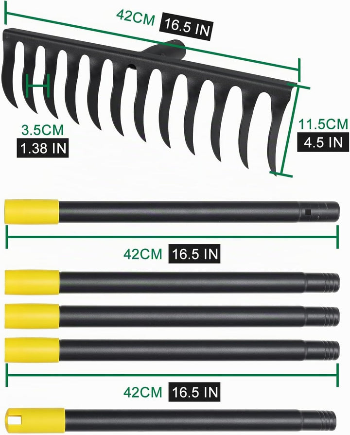 RAK Garten Rechen 189 cm, Metall Rechen Garten mit Stiel, Harke mit 12 Stahlzinken zum Lockern von B