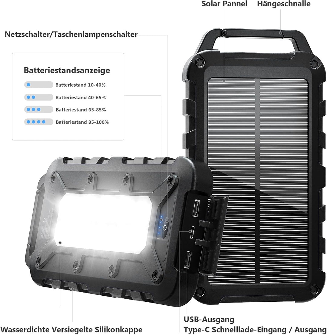 Solar Powerbank 10000mAh PD 22.5W Tragbares Solar Ladegerät USB C Outdoor Wasserdicht Externer Akku
