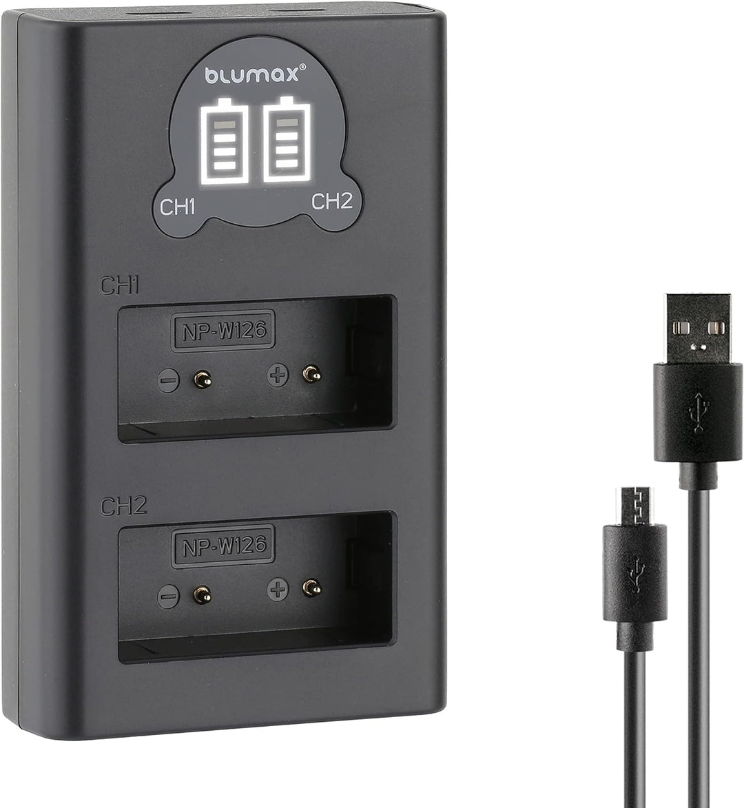 Blumax 2X Akku 1140mAh für Fujifilm NP-W126s/NP-W126 + Slim Dual-Ladegerät USB für Fujifilm XT-3 XT3