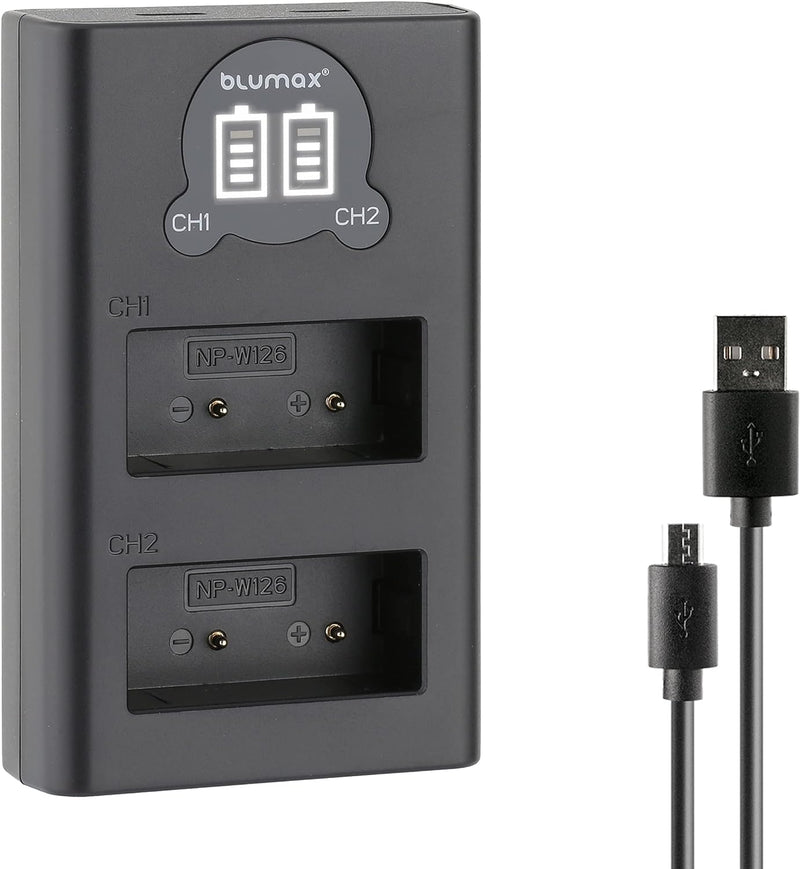 Blumax 2X Akku 1140mAh für Fujifilm NP-W126s/NP-W126 + Slim Dual-Ladegerät USB für Fujifilm XT-3 XT3