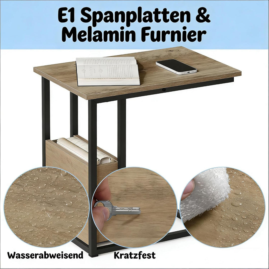 Taikonaut Stabiler Beistelltisch, Couchtisch, schmaler Laptoptisch in C-Form, grau, Holz-Effekt, Sof