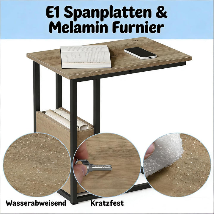 Taikonaut Stabiler Beistelltisch, Couchtisch, schmaler Laptoptisch in C-Form, grau, Holz-Effekt, Sof