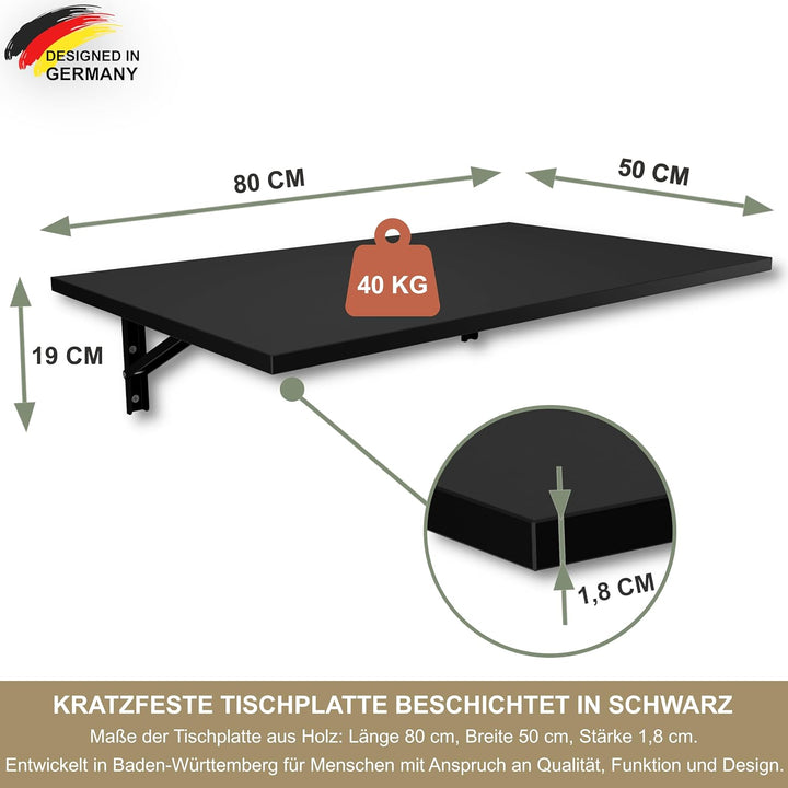KDR Wandklapptisch 80x50 cm Schwarz – Klappbarer Tisch zur Wandmontage – als Esstisch, Schreibtisch,