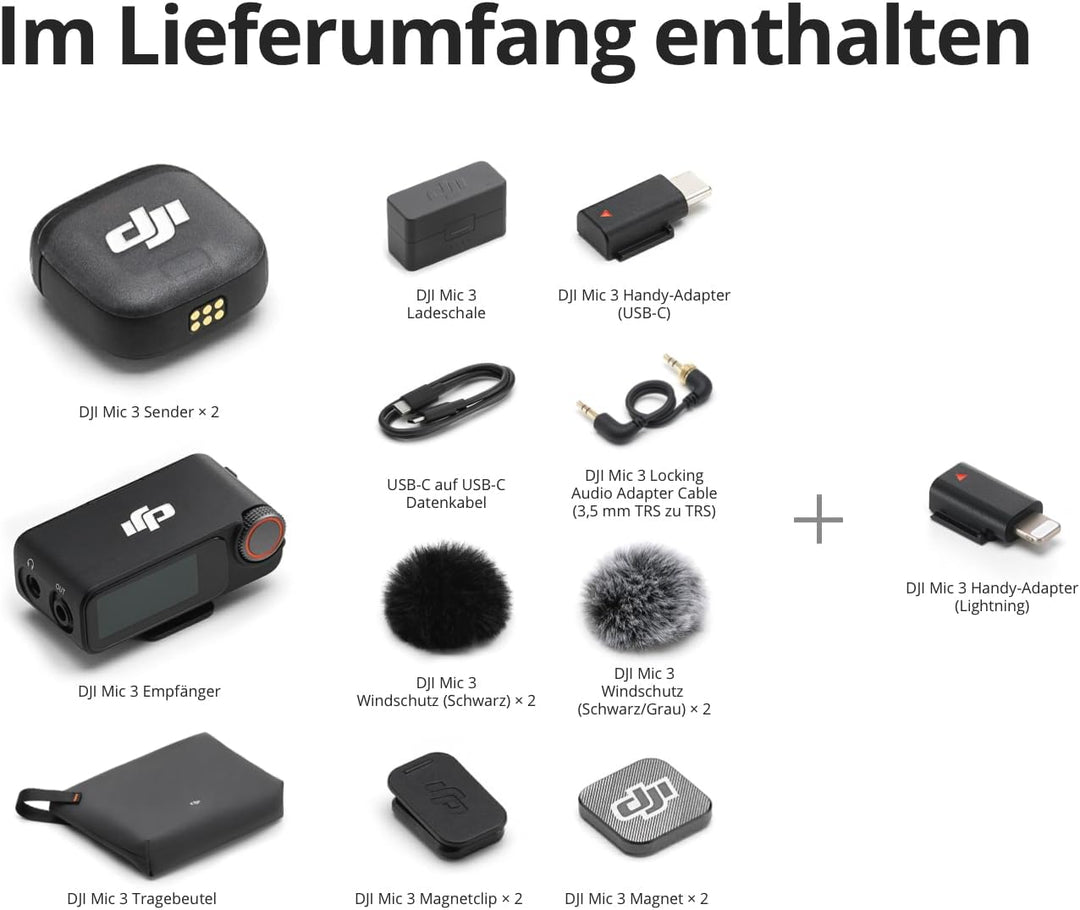 DJI Mic 3 (2 Sender + 1 Empfänger + Ladeschale) + Lightning-Adapter, Funkmikrofon für iPhone/Kamera/