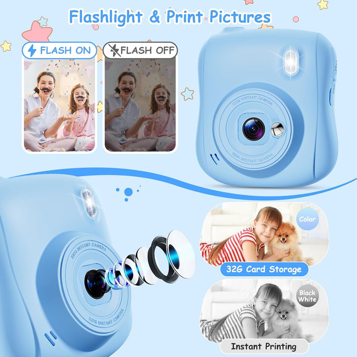 Hangrui Kinderkamera Sofortbildkamera, 14MP Sofortbildkamera Kinder mit 32G Karte & Druckpapier, 108