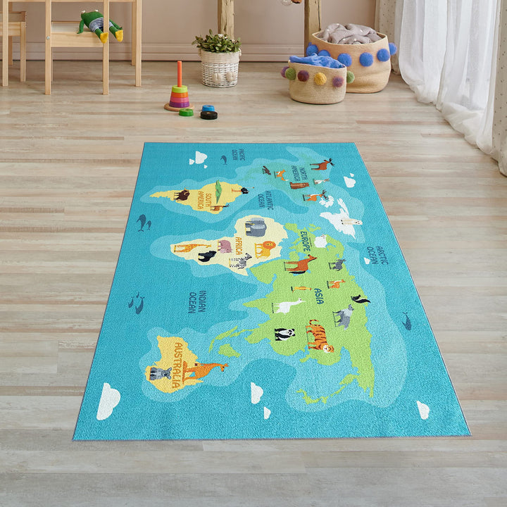 Teppich-Traum Kinderzimmerteppich Weltkarten-Lernspiel Kontinente Tiere & Meere in blau grün, Läufer