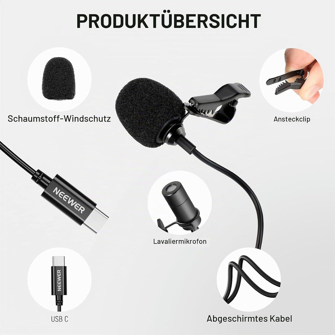 NEEWER Mini USB C Lavalier Mikrofon 2er Pack Kompatibel mit iPhone 16 15 Pro Max Android Handy Table
