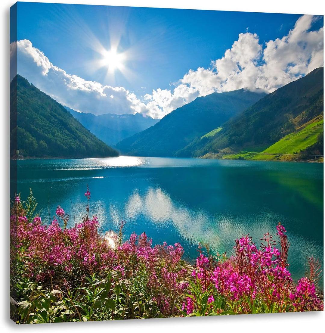 Blumenwiese am Bergsee, Format: 70x70 auf Leinwand, XXL riesige Bilder fertig gerahmt mit Keilrahmen