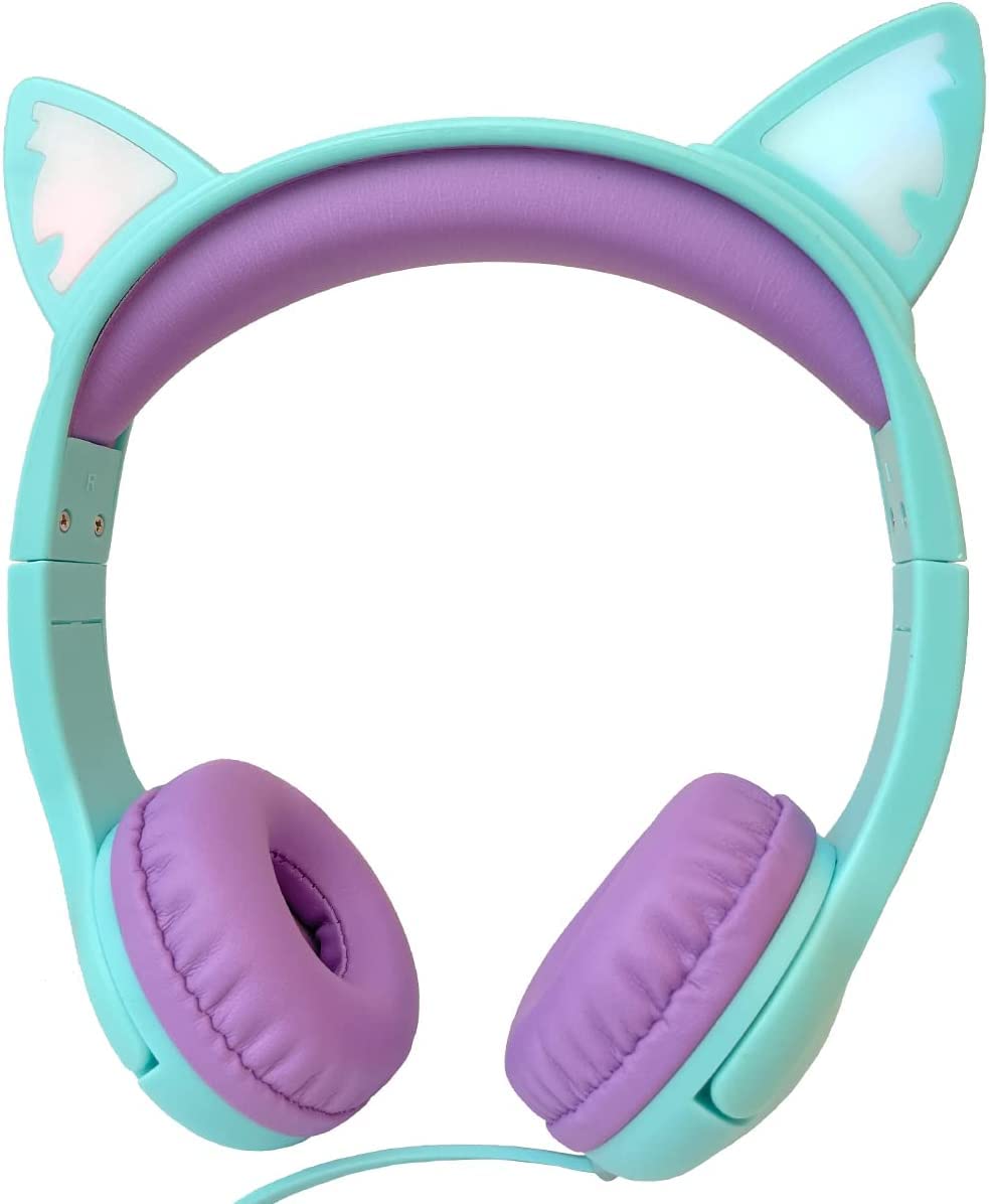 Olyre Kopfhörer für Kinder mit Mikrofon-Lautstärke begrenzt auf 85 dB und LED-Green/Purple Green-Pur