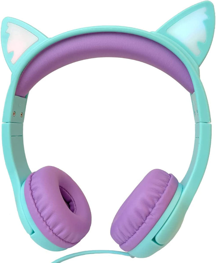 Olyre Kopfhörer für Kinder mit Mikrofon-Lautstärke begrenzt auf 85 dB und LED-Green/Purple Green-Pur