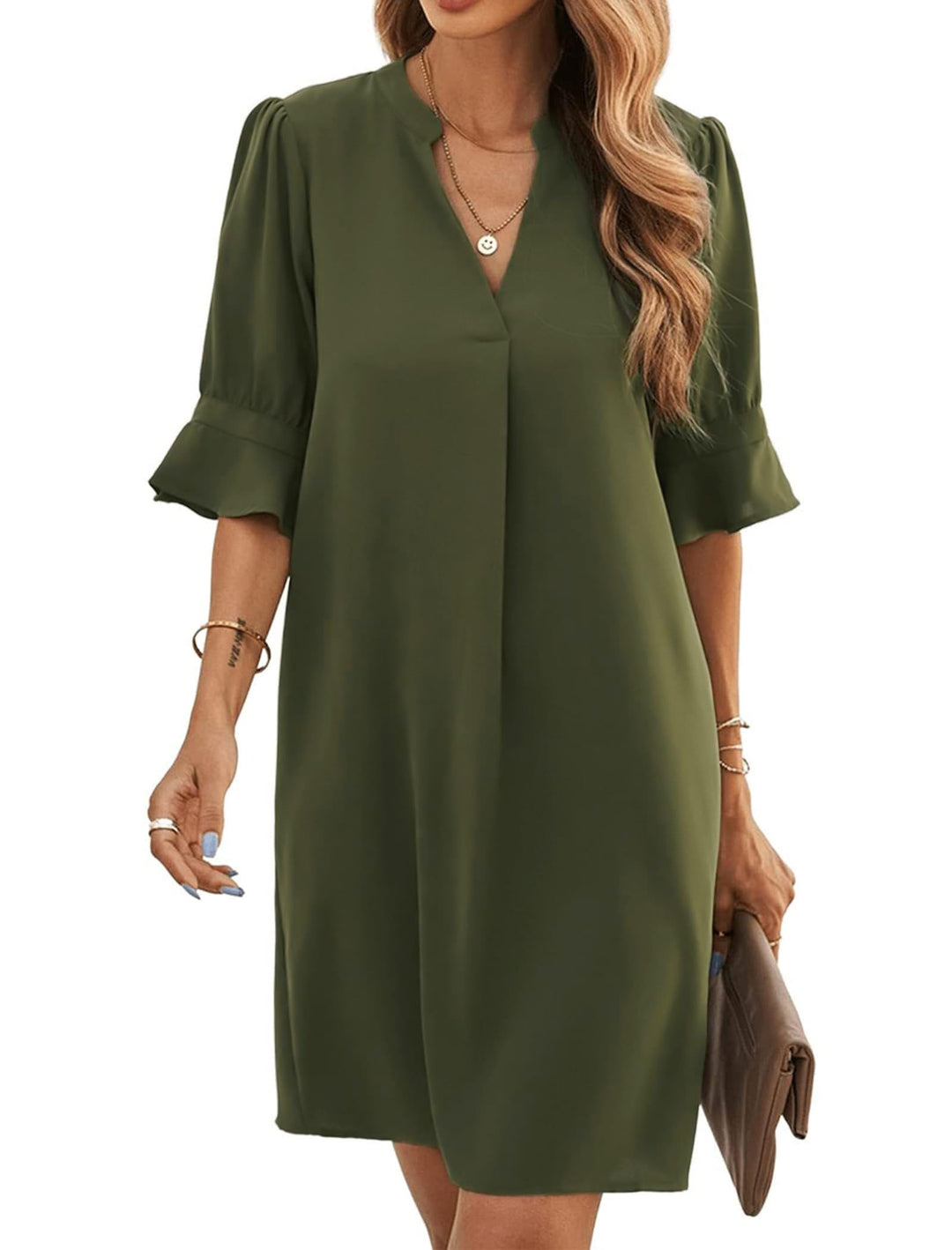 Famulily Frauen V-Ausschnitt Halbarm Hemdkleid Elegant Sommer Casual Einfarbig Kurzes Kleid S-XXL S