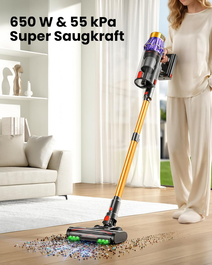 Akku Staubsauger, 50KPa/600W/70Min Staubsauger Kabellos mit Selbststehend, 1,8 L, Anti-Tangle-Bürste
