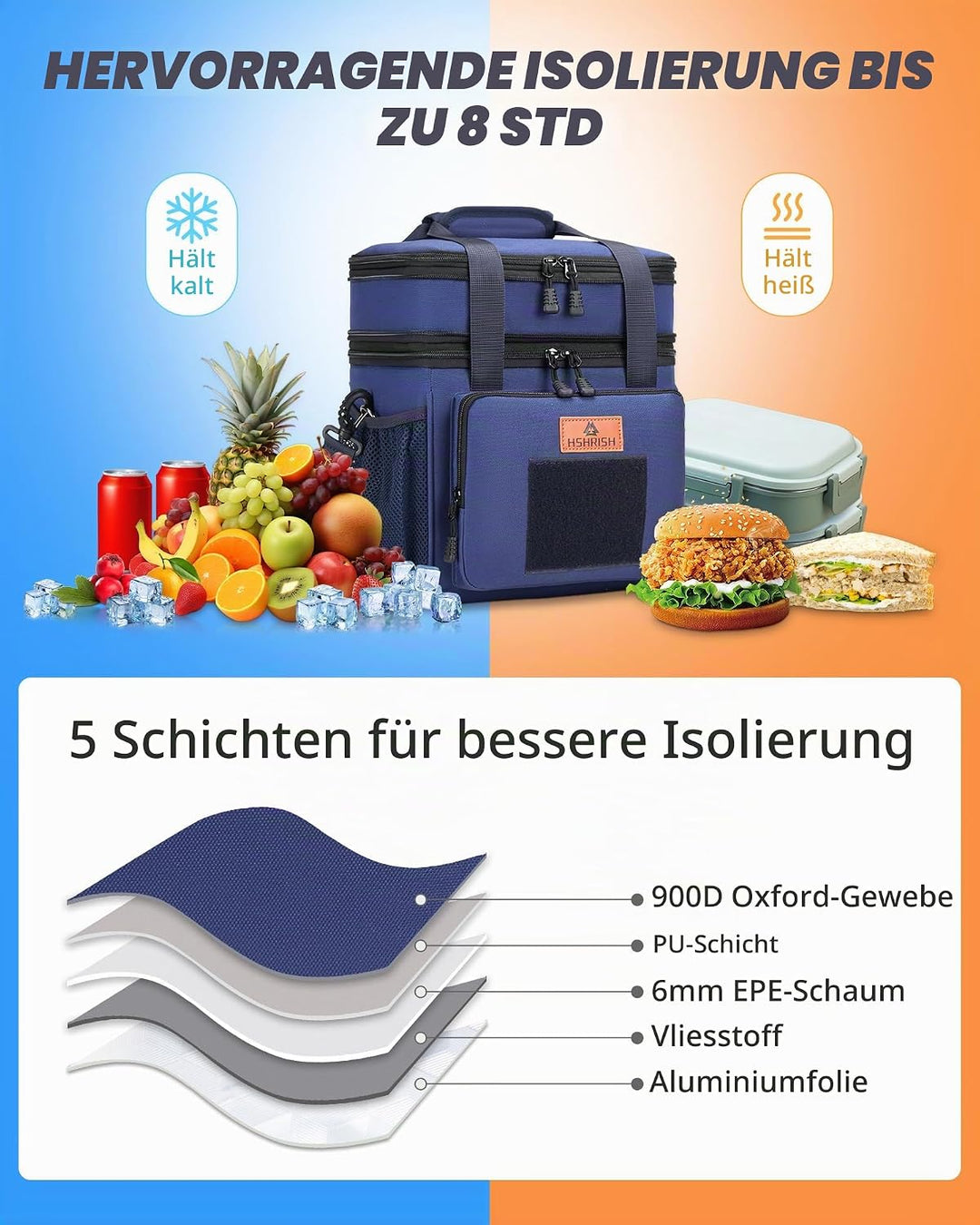 HSHRISH Lunchtasche, doppellagige isolierte grosse Kühltasche für Herren Erwachsene wasserdichte aus
