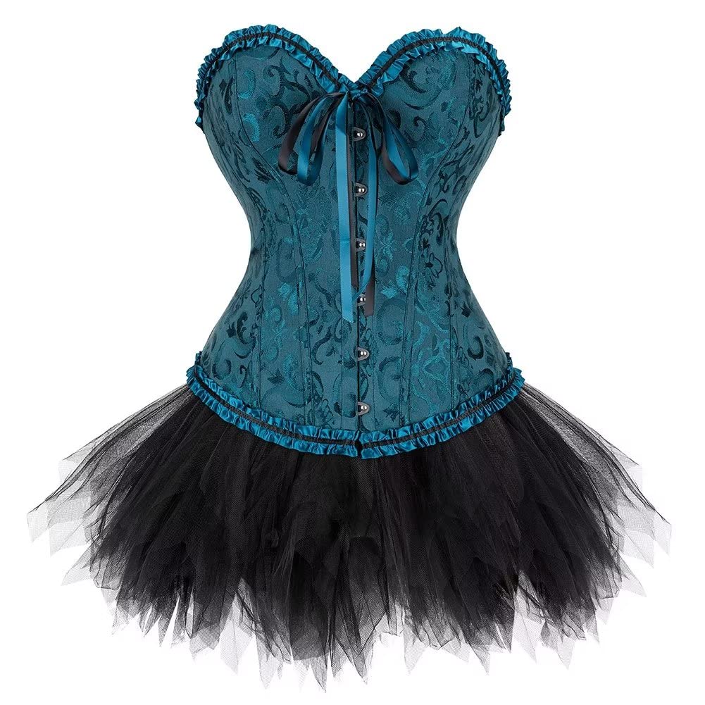 Korsett Schwarz Corsage Kleid Rock elegant Kostüm mit korsettkleid Spitze Lace nrock sexy Karneval F