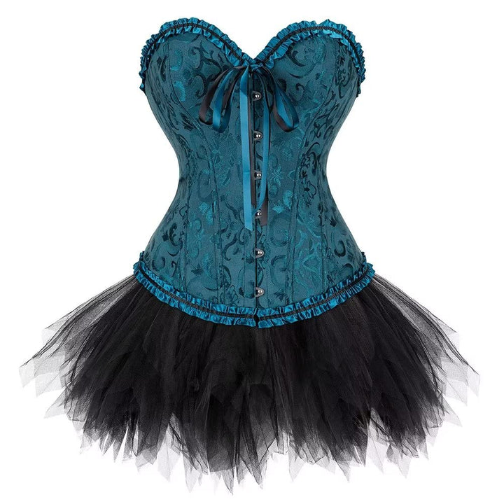 Korsett Schwarz Corsage Kleid Rock elegant Kostüm mit korsettkleid Spitze Lace nrock sexy Karneval F