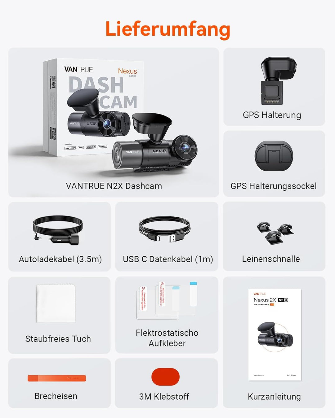VANTRUE N2X 2.7K+1080P Dashcam Auto Vorne Innen, STARVIS 2 Dual HDR Nachtsicht Dash Cam, 2.5K/60FPS
