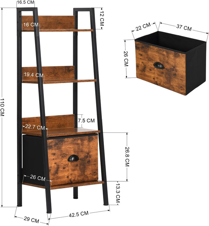 FurnitureR Pflanzenregal Leiterstil 42x29x110 cm, 4 Ebenen, Stoffschublade, 12 mm Holzplatten & 20 m