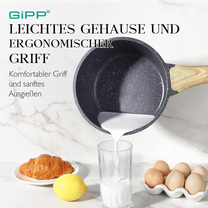 GiPP Kasserolle mit Deckel 18cm Kleiner, Topf Induktion Stielkasserolle, Granit-Antihaftbeschichtete