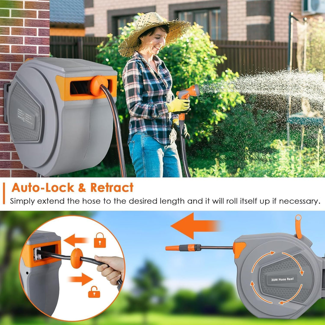 TLGREEN Schlauchtrommel Wasser 30m, Schlauchaufroller mit 9-Funktionen Handbrause und Gartenschlauch