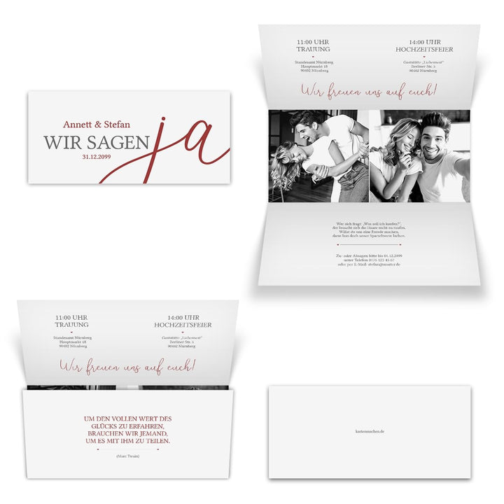 Kartenmachen.de 10 x Personalisierte Hochzeitseinladungen, Einladungskarten zur Hochzeit DIN Lang Wi