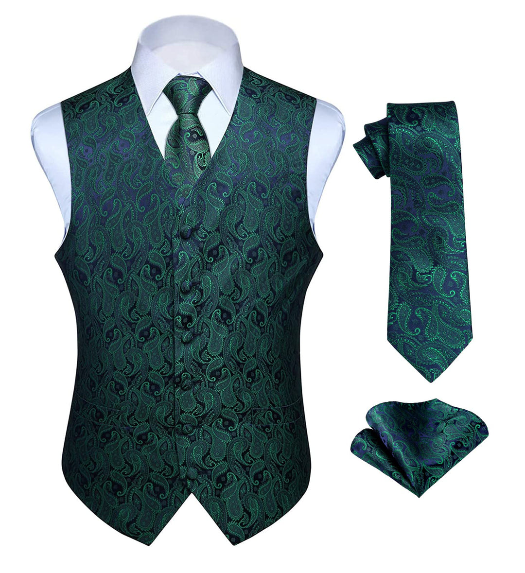 HISDERN Herren FLoral Hochzeit Weste Krawatte Einstecktuch Taschentuch Jacquard Weste Anzug Set S Gr