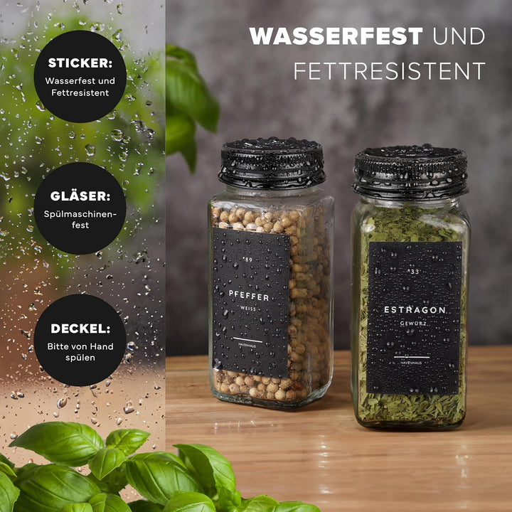 Havenhaus Premium Gewürzgläser Set schwarz | 24 Gewürz Organizer inkl. 336 deutschen Gewürzetiketten