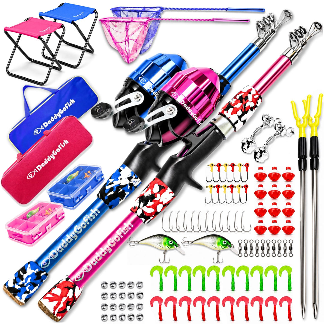 DaddyGoFish Kinder Angelset - Teleskoprute & Rolle Combo mit Klappstuhl, Rutenhalter, Tackle Box, Kö