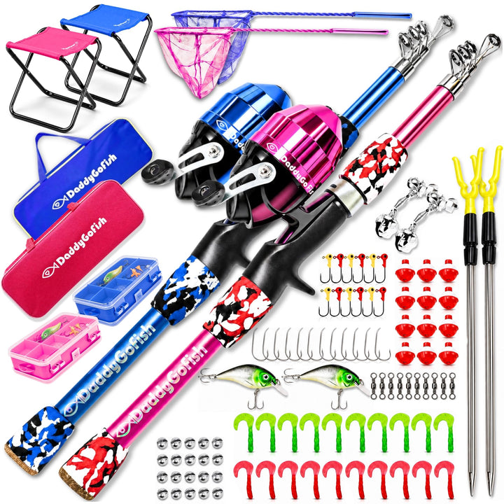 DaddyGoFish Kinder Angelset - Teleskoprute & Rolle Combo mit Klappstuhl, Rutenhalter, Tackle Box, Kö
