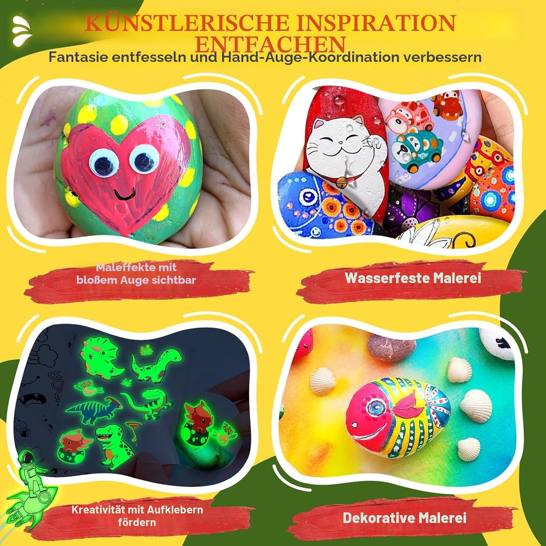 UPDOKIT Steine Bemalen Set Kinder, Bastelset Kinder ab 6 7 8 9 10 Jahre mit Leuchtfarbe &amp; Aufklebern