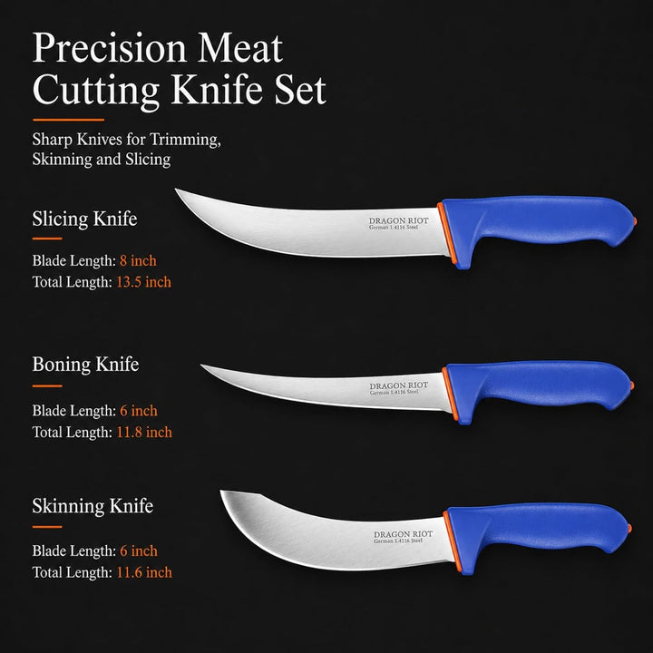 DRAGON RIOT Metzgermesser Set 3-Teilig, Flexibles Ausbeinmesser & Fleischermesser aus Edelstahl, Pro