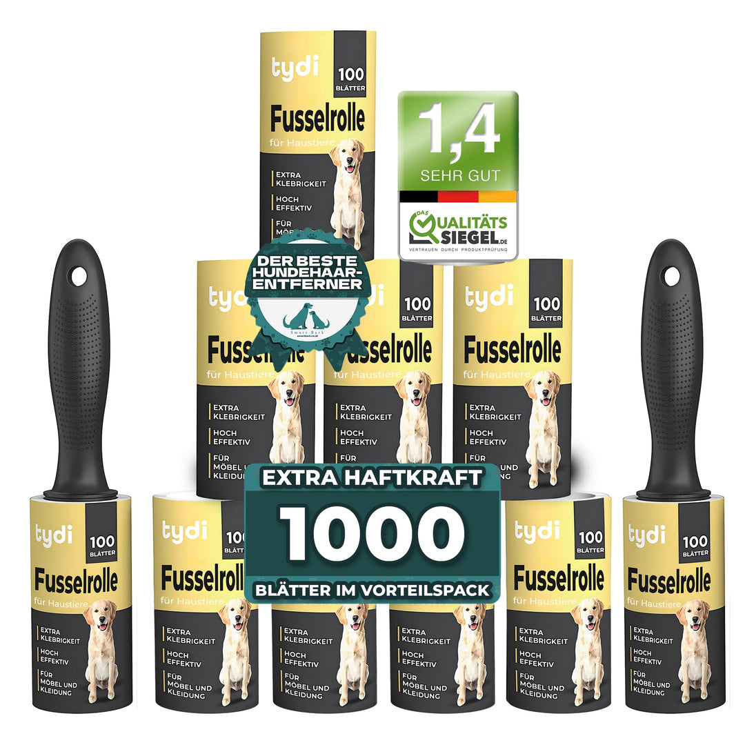 Tydi Haustier-Fusselroller – 1000 Blatt & 2 Griffe – 100 Blatt pro Kleiderroller – Fusselroller für