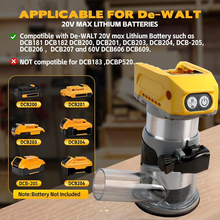 Kabelloser Power-Router kompatibel mit Dewalt 18/20 V Akku, bürstenloser Holzfräser, 5 Geschwindigke