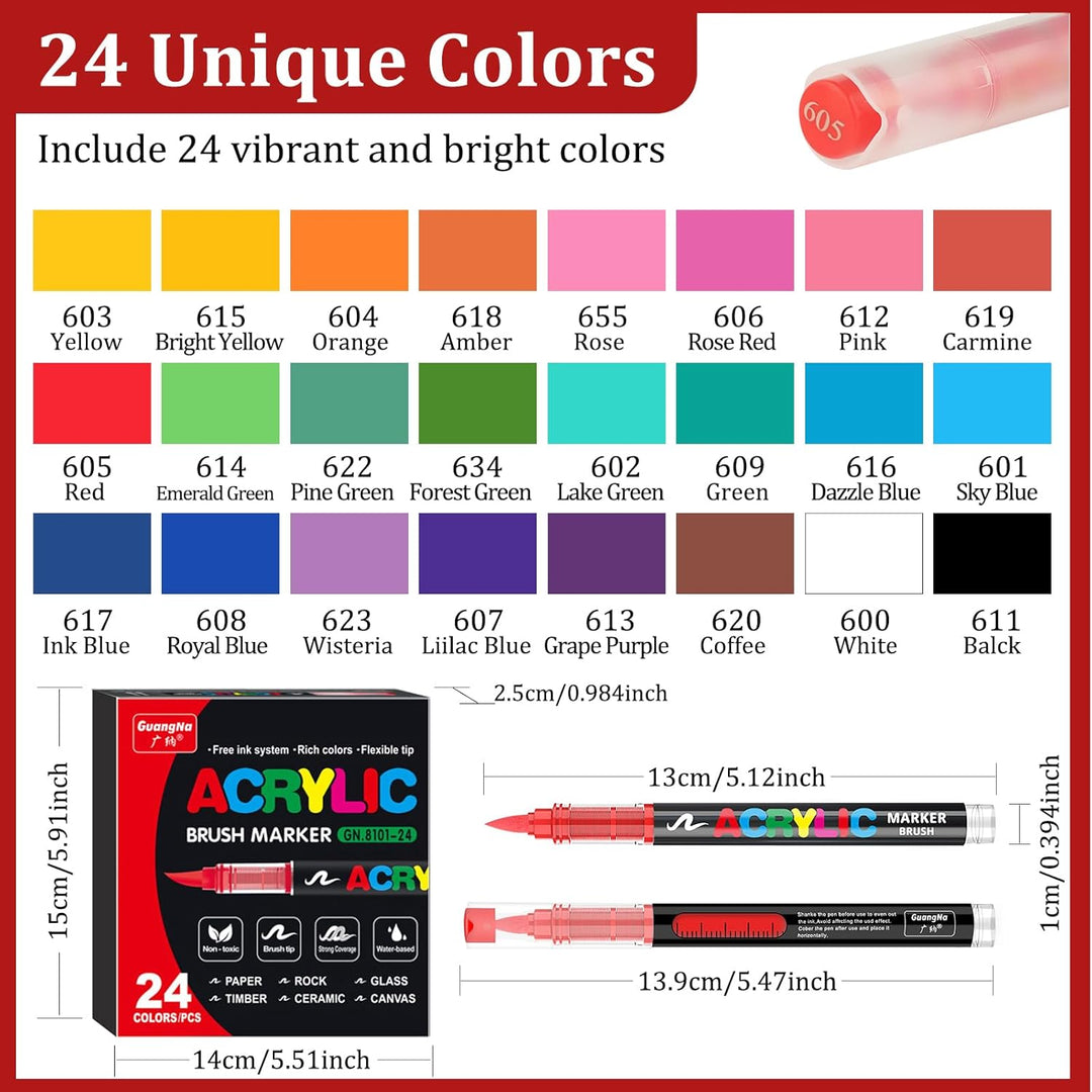 Acrylstifte, 24 Farben Acrylic Paint Marker mit flexibler Pinselspitze, Direktflüssigkeit Acrylic Br