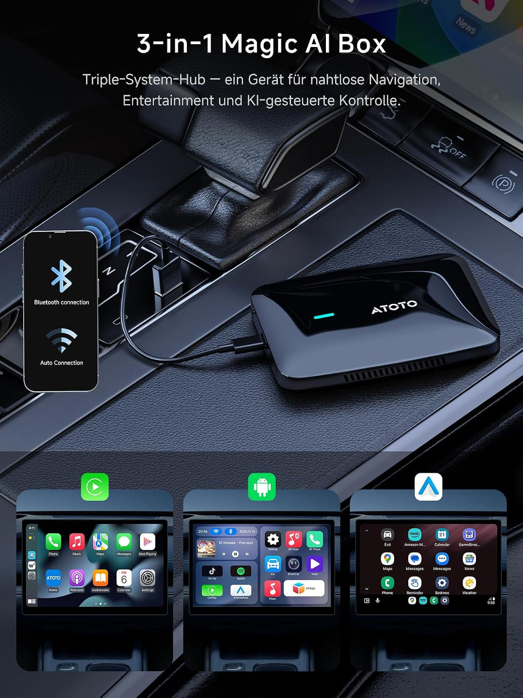 CarPlay Wireless Adapter, Magic AI Box Android Auto mit Dual-WiFi-Stabilität, Kompatibel mit Kabelge