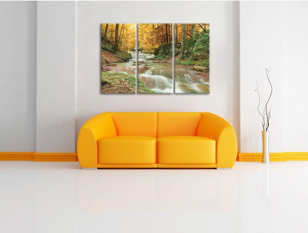 Pixxprint Waldbach im Herbst als Leinwandbild/Grösse: 3 Teilig (120x80) cm/Wandbild/Kunstdruck/ferti