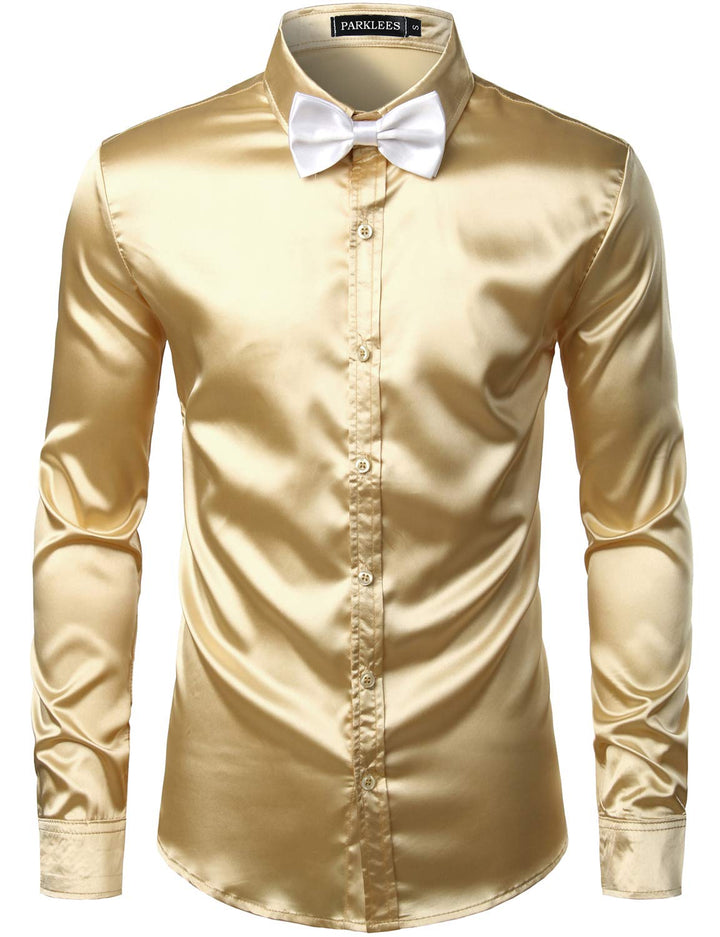 PARKLEES Herren Glänzend Slim Fit Satin Langarmhemd Frezeit Business Hemd für Party Nachtclub XL Cha