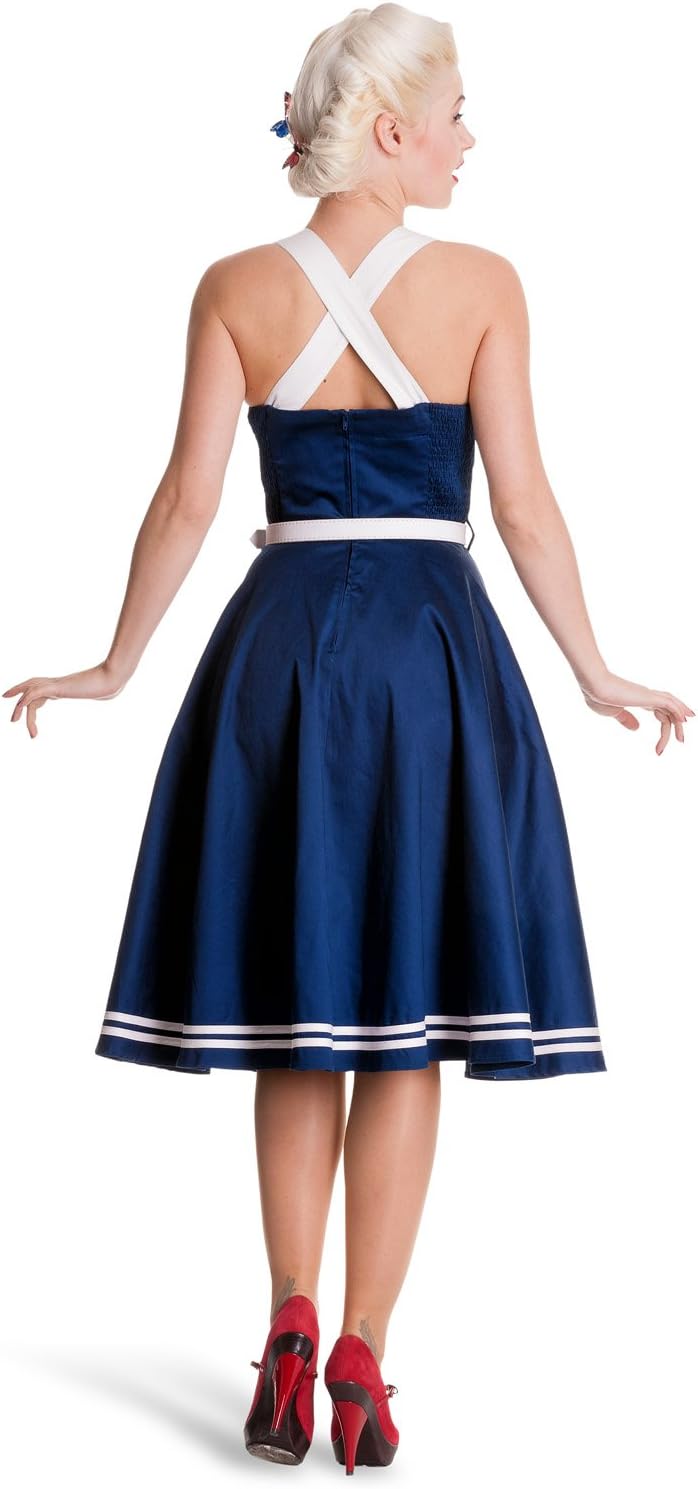 Rockabilly Kleid 50er Stil blau Siren Gürtel Anker Motiv schwingender Rock Bunny - L