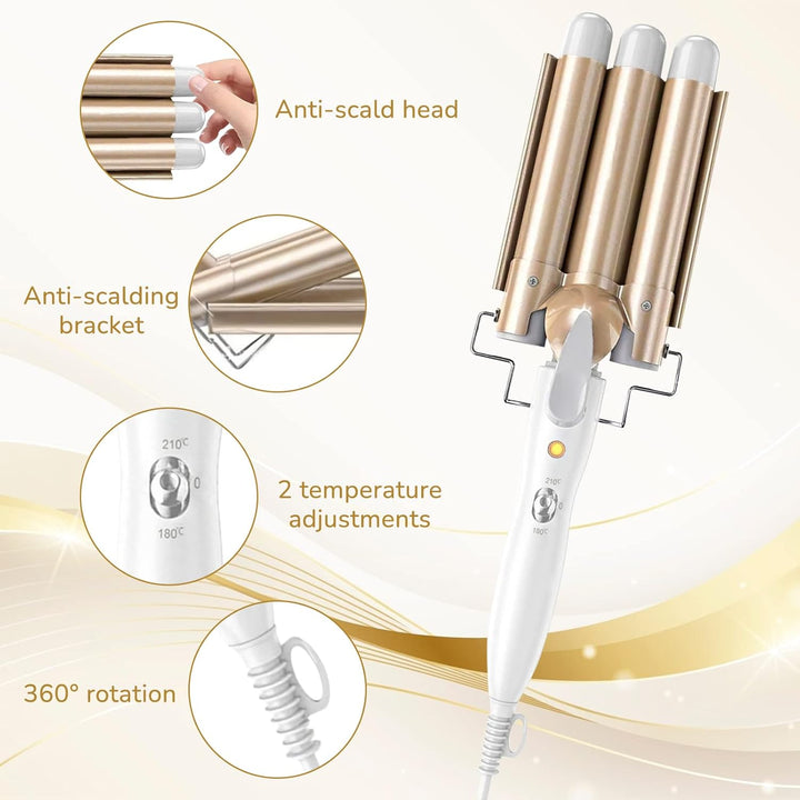 Lockenstab 3 Fässer Welleneisen,22mm Grosse Kreppeisen für Haare Beach Waves Lockenwickler,Turmalin