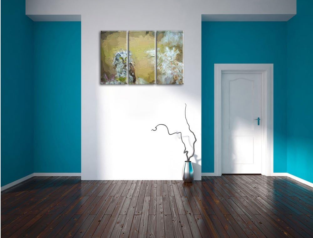 Pixxprint Kleiner Kauz auf AST / 3-Teilig/Gesamtmass 120cm Leinwandbild bespannt auf Holzrahmen/Wand