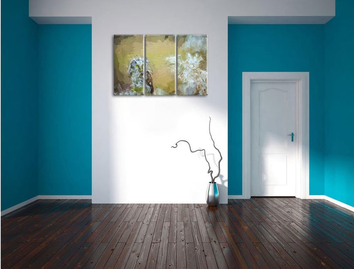 Pixxprint Kleiner Kauz auf AST / 3-Teilig/Gesamtmass 120cm Leinwandbild bespannt auf Holzrahmen/Wand