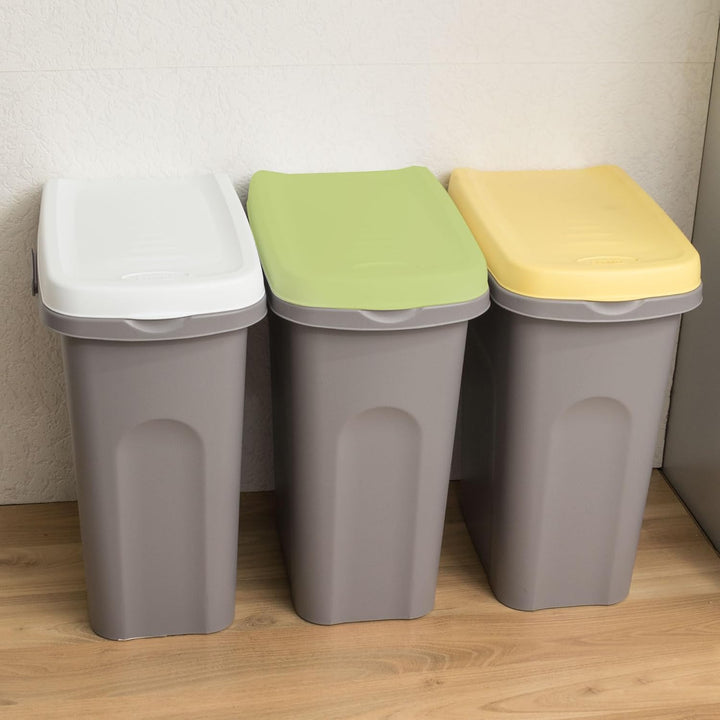 3x 15L Mülleimer Küche gelb grün weiss, Mülleimer 3 Fächer, Mülltrennsystem 3fach, Mülltonne, Abfall
