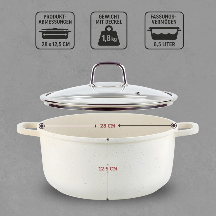 GOLDMANN Premium Gussaluminium Kochtopf 28 CM (6.5L) – Keramik-Marmor Antihaft-Kasserolle mit Glasde