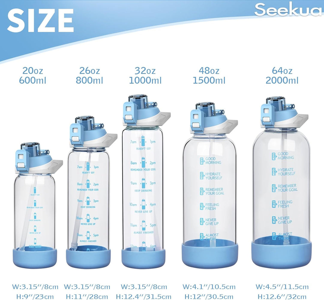 Seekua 0.8l Sport Trinkflasche Glas Flasche mit Strohhalm &amp; Zeitmarkierung 800ml auslaufsicher bpa f
