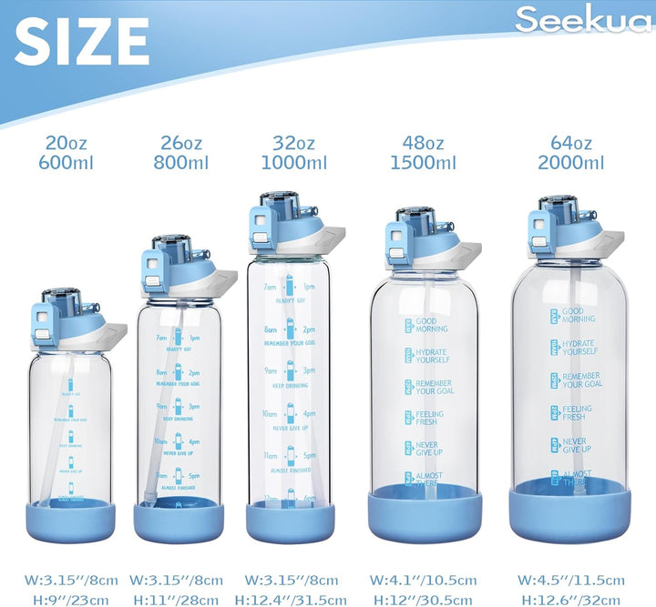 Seekua 0.8l Sport Trinkflasche Glas Flasche mit Strohhalm & Zeitmarkierung 800ml auslaufsicher bpa f