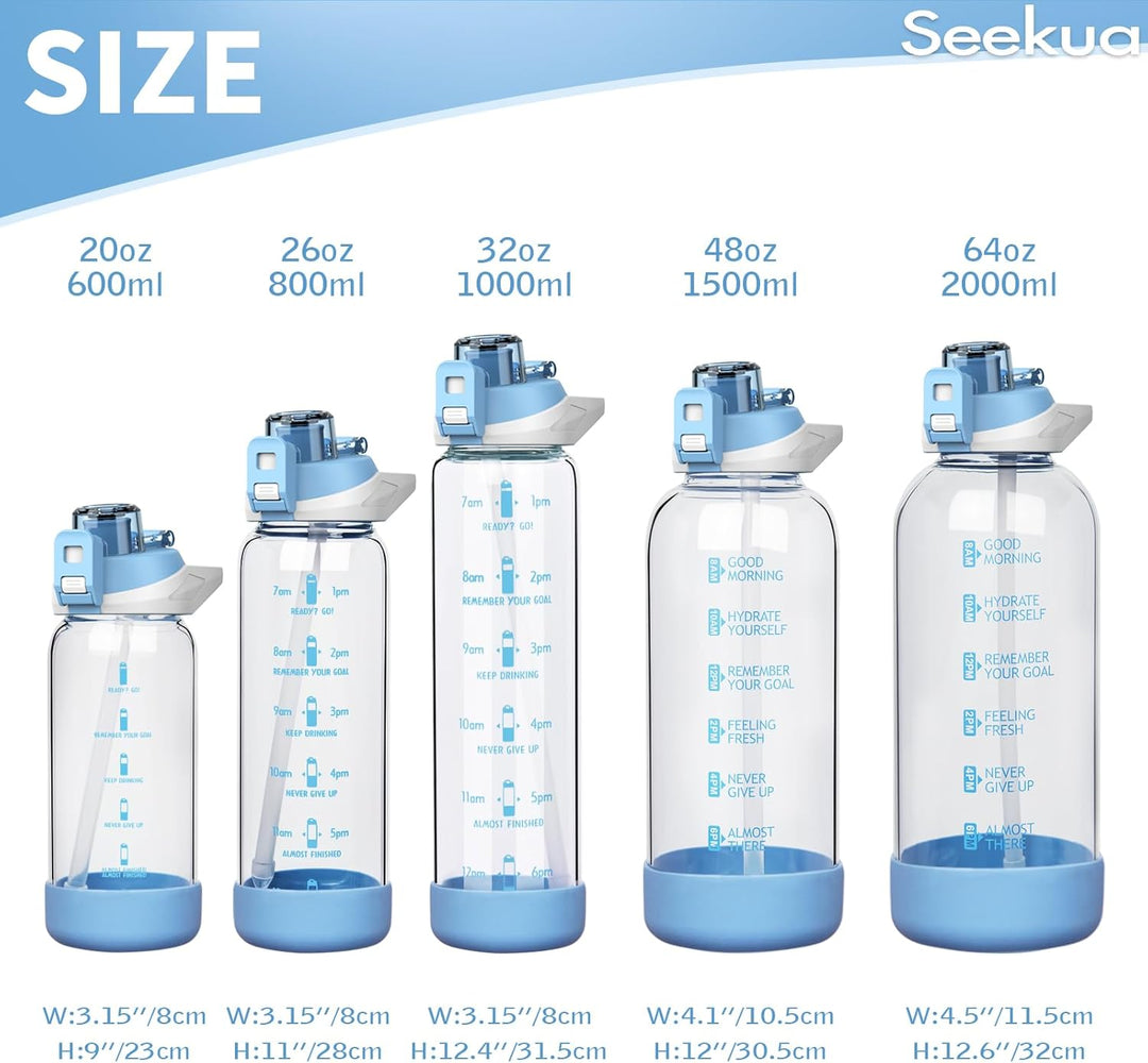 Seekua 0.6l Sport Trinkflasche Glas Flasche mit Strohhalm & Zeitmarkierung für Kinder, Schule 600ml